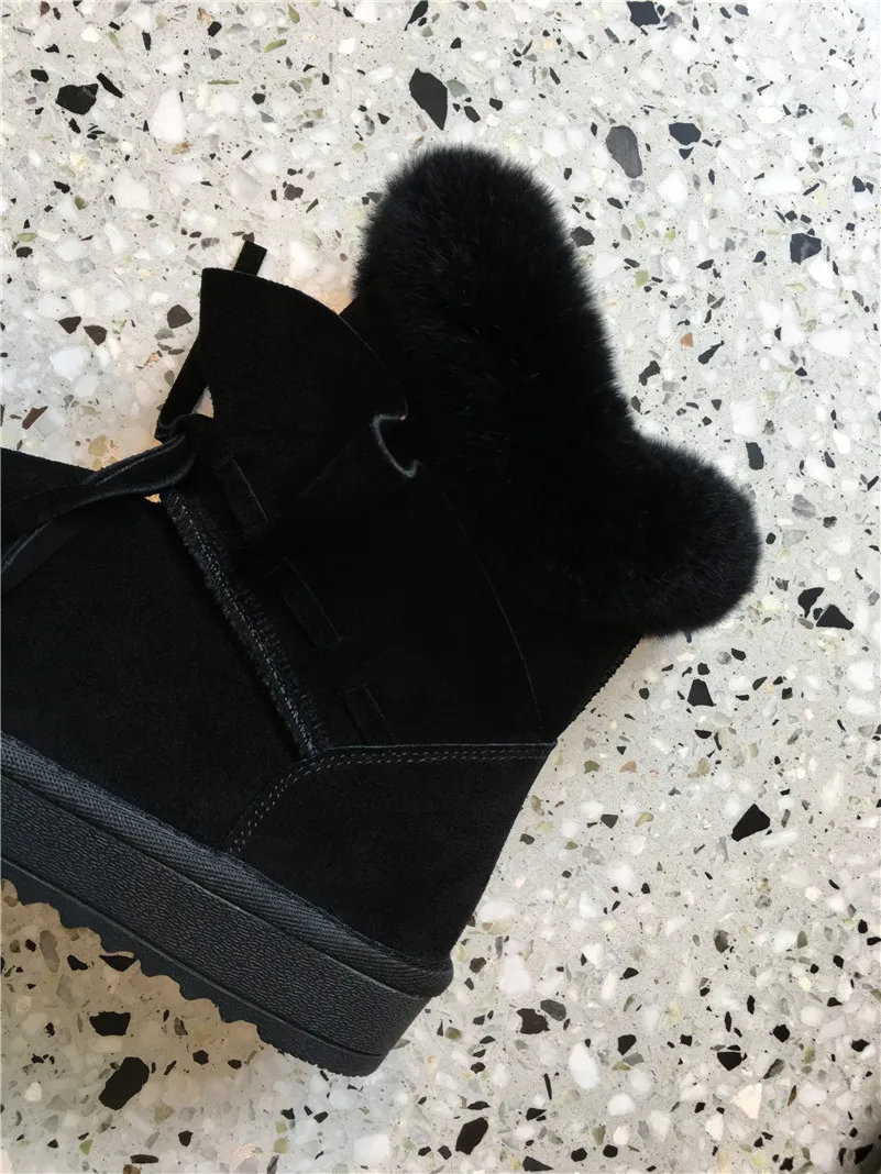 Meotina/зимние ботинки на натуральном меху женские ботильоны из коровьей замши с бантом на плоской подошве теплая шерстяная короткая обувь с круглым носком женская зимняя обувь черного цвета, размеры 34-39