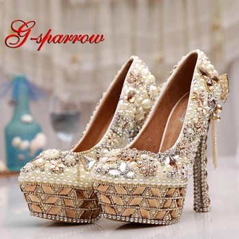

2018 Luxurious Design Ivory Color Wedding Shoes Imitation Pearl Super High Heel Special Event Ceremony Pumps For Mom Prom