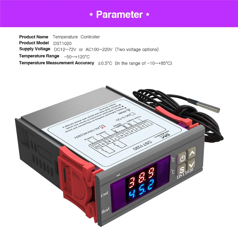 DST1020 DC 12 V-72 V AC 110-230V двойной Дисплей Цифровой термостат регулятор влажности воздуха DS18B20 Сенсор Водонепроницаемый зонд