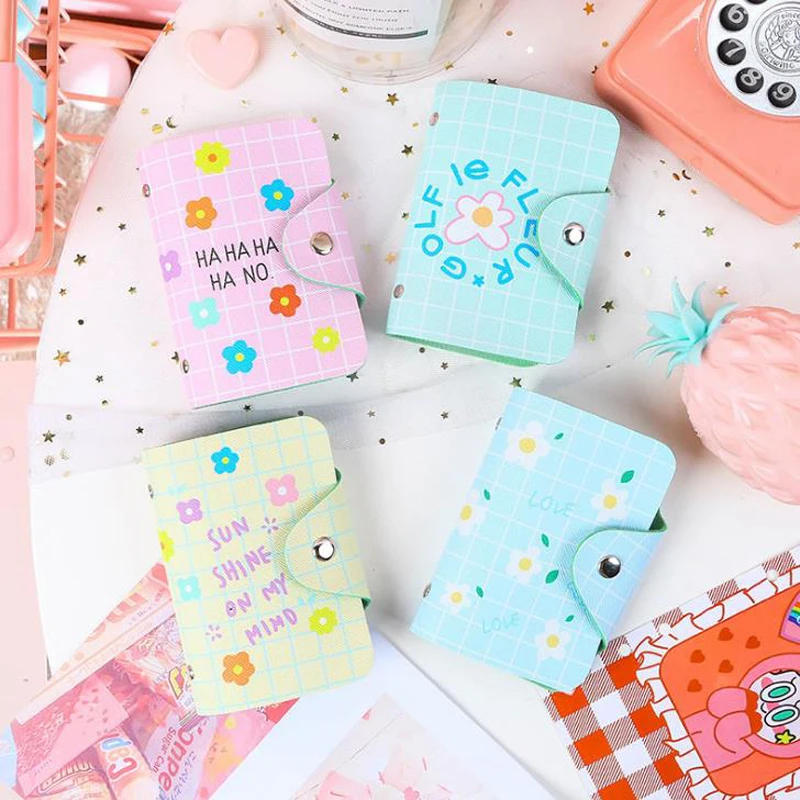 

1 Pcs Kawaii 20 Bits Flowers PU Leather Card Case Business Card Holder Women Credit ID Passport Card Bag Stationery Card Holders