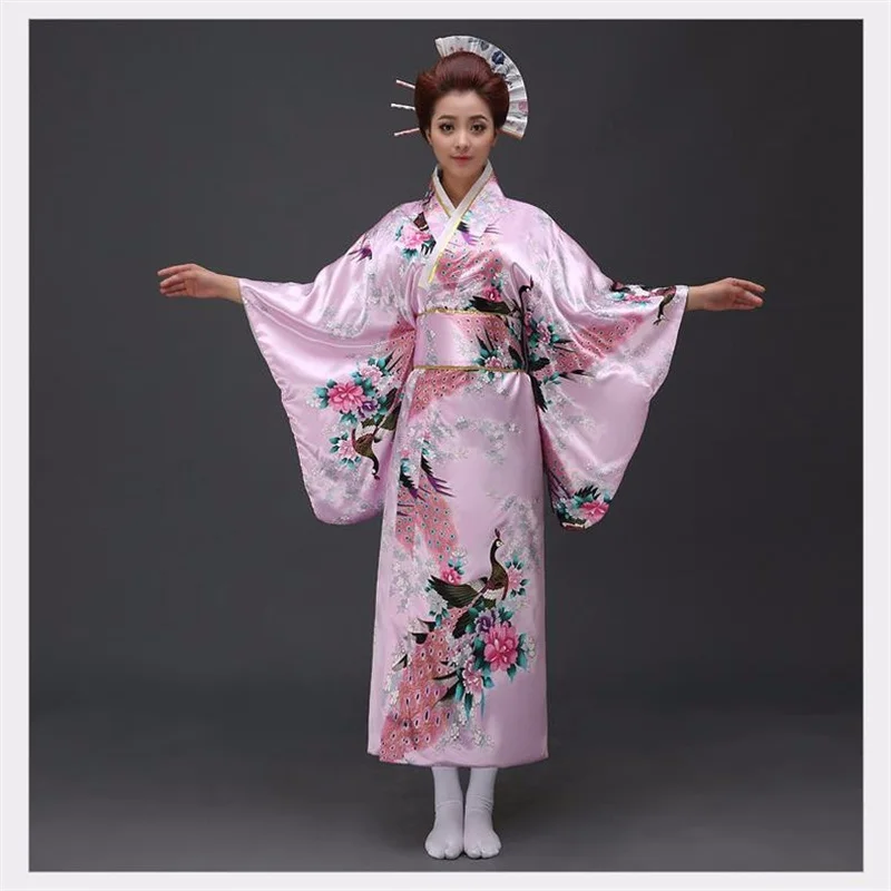 Винтажные вечерние платья, женское сексуальное атласное кимоно юката с Obi, платье для танцев, японский костюм для косплея, один размер - Цвет: Розовый