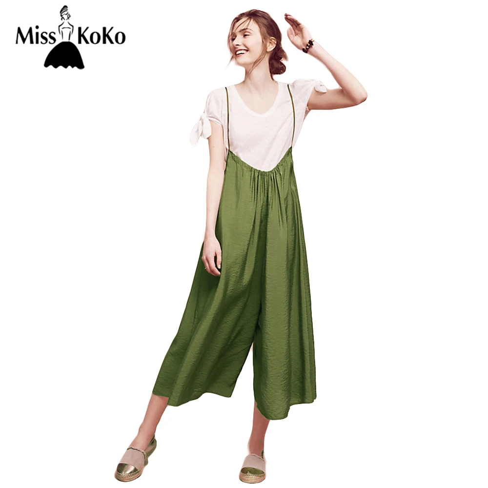 MissKoKo Green Suspender Pants Women Vintage Casual Basic Playsuit