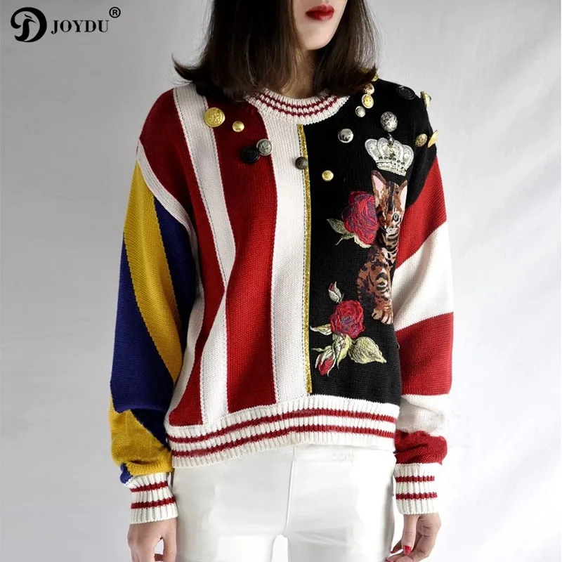 

JOYDU Runway Vintage Winter Sweater Women 2018 Vertical Stripes Cute Cat Flower Pattern Buttons Novelty Knitted Pullover Jumper
