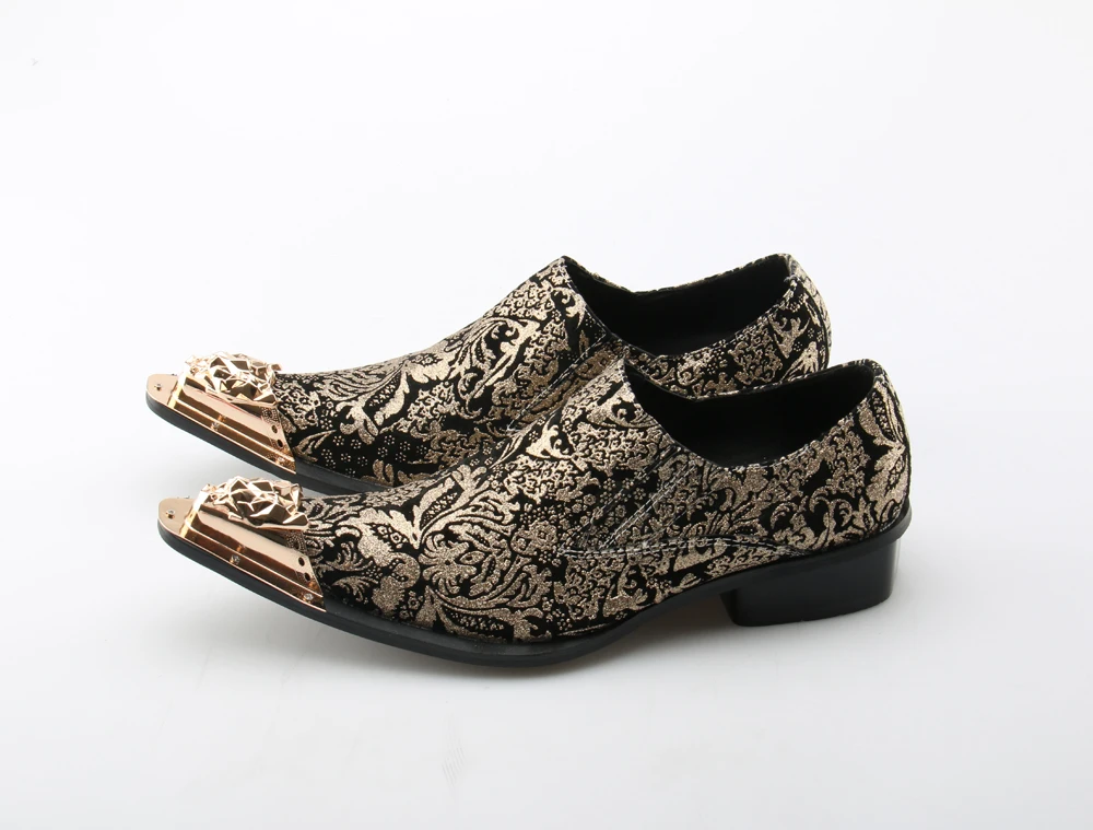 

Eunice Choo Luxury Floral Prints Men Dress Shoes Gold Metal Pointed Toe Slip On Loafers Formal Party Weddding Men Leather Shoes