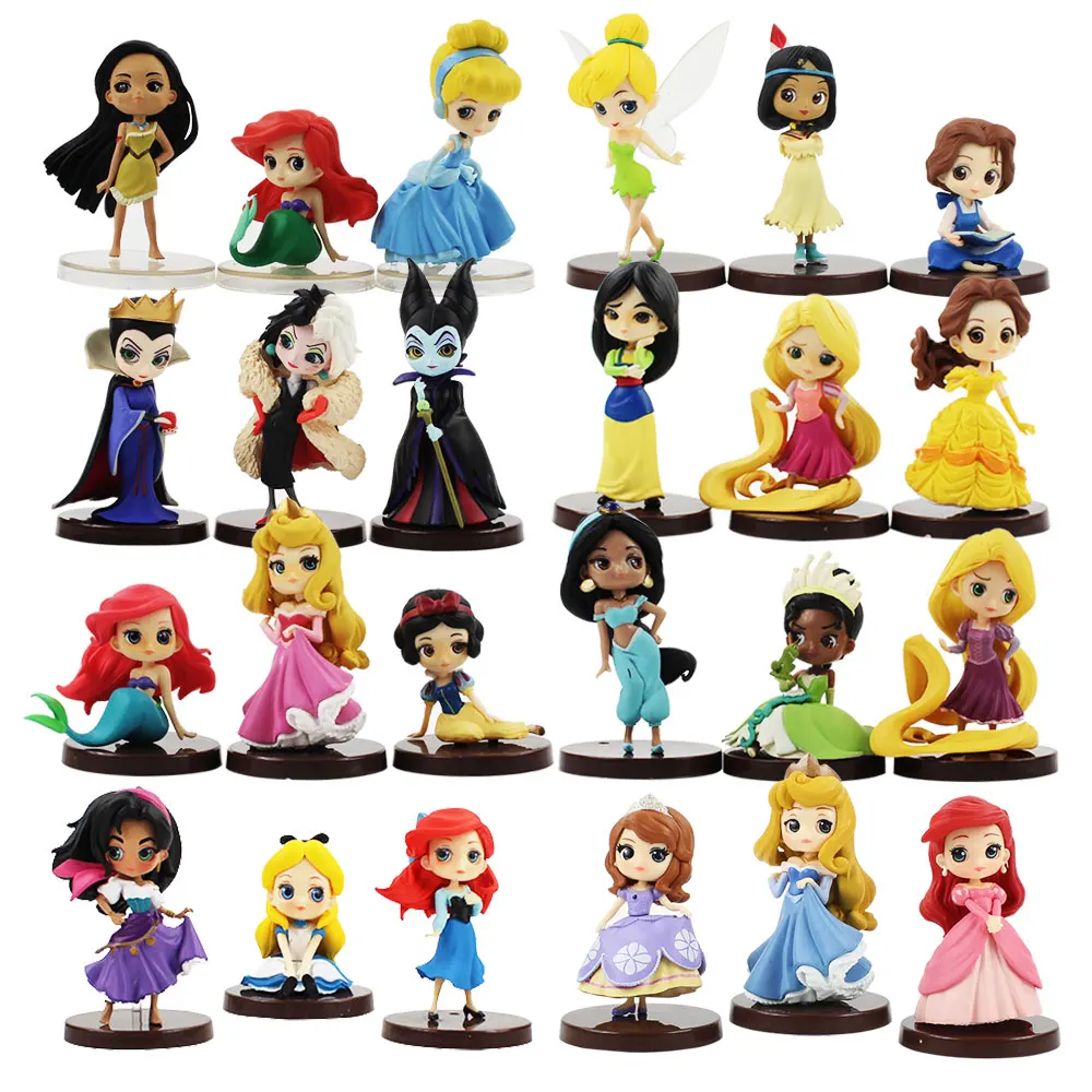 

24pcs/lot Q Posket Figure Toy Princess Ariel Mermaid Snow White Rapunzel Belle Mulan Moana Sleeping Beauty Model Dolls