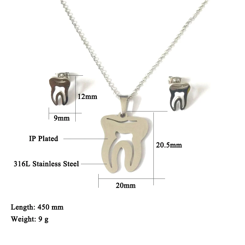Ожерелье с подвеской в виде золотого зуба и серьги в виде зуба, колье из нержавеющей стали, ювелирный набор в подарок для дантиста