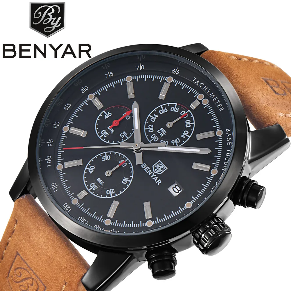 

Benyar Chronograph Watch Men Sport Watch Top Brand Luxury Waterproof Leather Quartz Men Watch Male Clock erkek kol saati