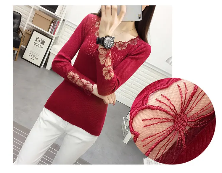 Women Pullovers 2019 Flower Lace Pullover Sweaters Fashion Round Collar Knitted Tricot Pull Fall High Elastic Sweater Women (8)