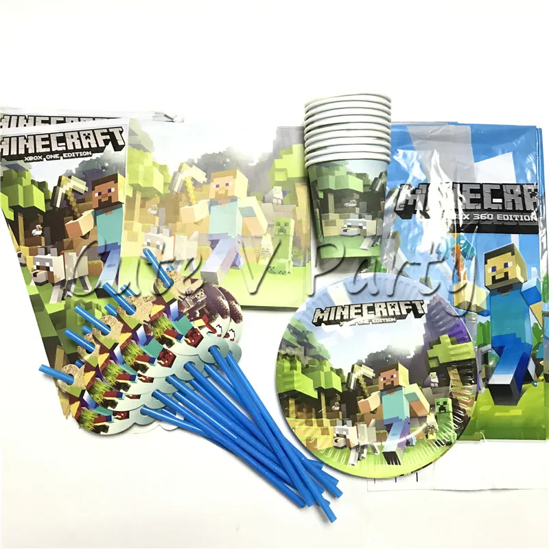 

61pcs/lot Minecraft Theme Disposable Tableware Set Paper Plate Cup Birthday Baby Shower Party Tableware Supplies Decorations