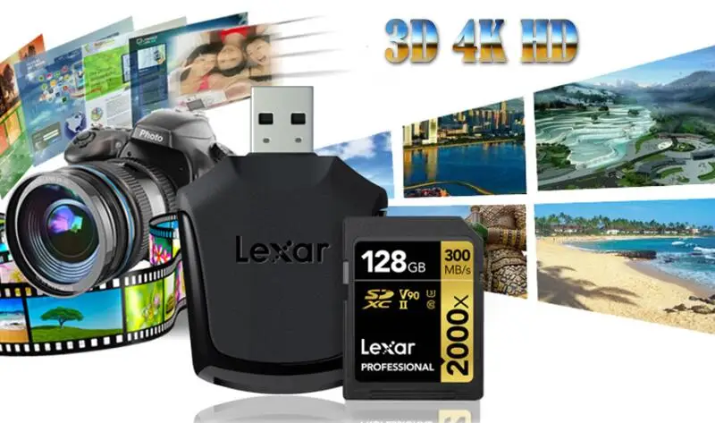 Lexar Sdxc карта с ридером 2000x300 МБ/с 32 Гб 64 Гб 128 ГБ флеш-накопитель для Sd Sdhc U3 флэш-памяти для цифровой зеркальной камеры 3d 4k