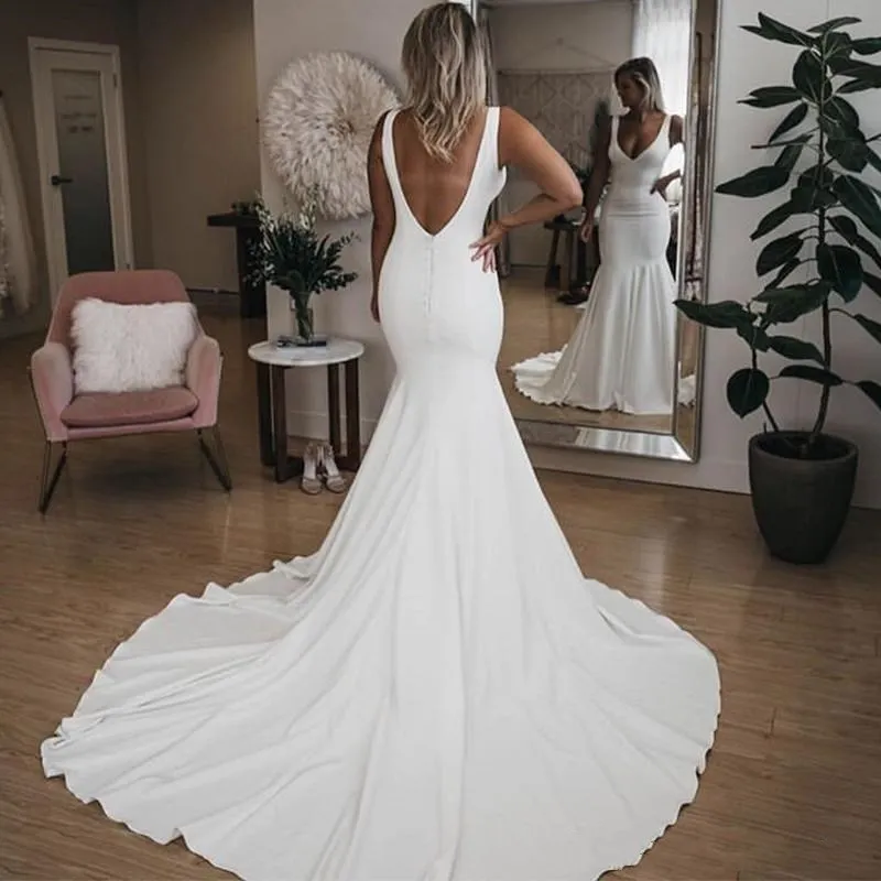 Популярные плюс Размеры Простые Свадебные платья Сексуальная Русалка рукавов Белый Кот без бретелек свадебное платье vestido de casamento