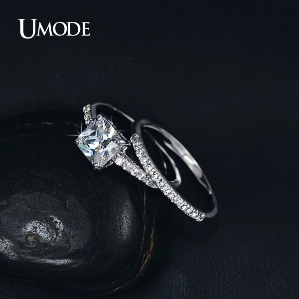 UMODE 1.6ct Квадратные прозрачные кольца с кубическим цирконием, наборы колец с фианитами для принцессы, кольца для свадьбы, помолвки, ювелирные изделия для женщин, подарки UR0139B