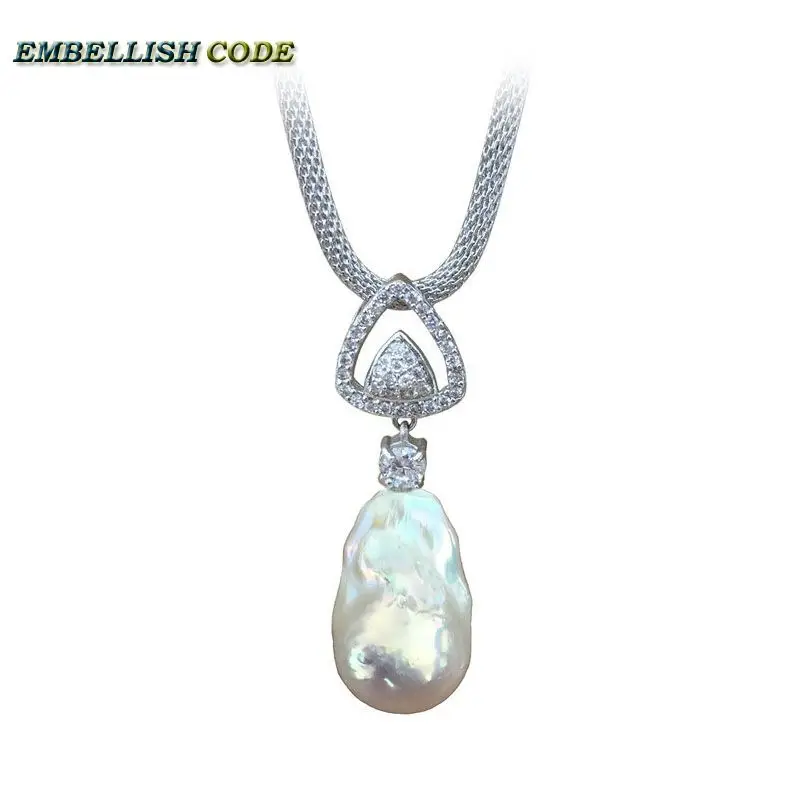 

hot triangle zirconium baroque pearl pendant necklace nucleated flameball shape 3 color Durable adjust chain