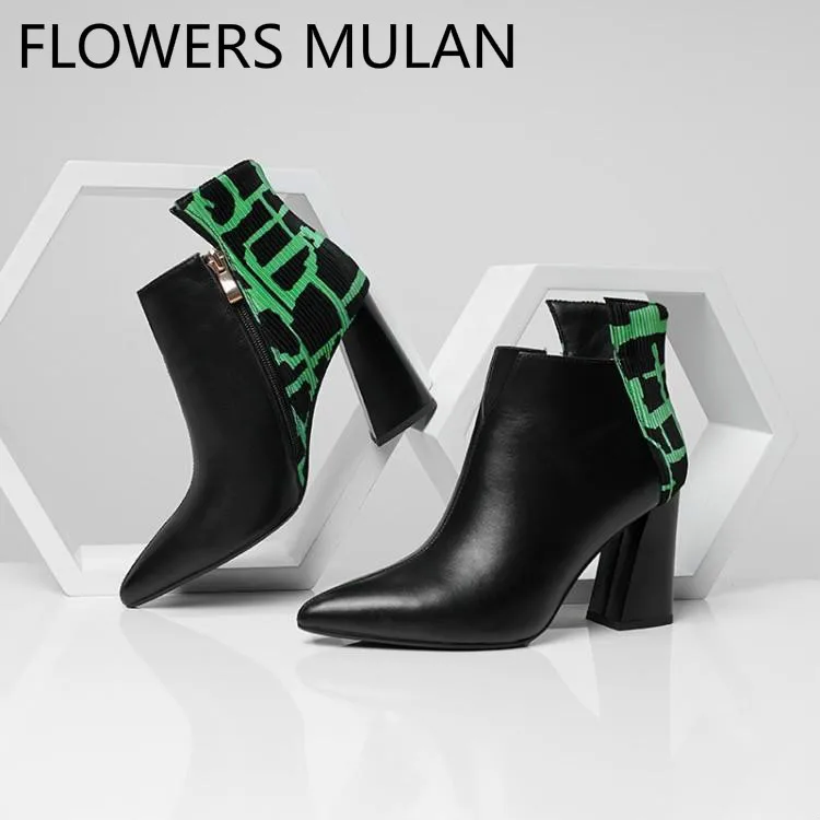 

Fashion Designers Patchwork Mixed Color Ankle Boots For Women Chic Pointed Toe High Strange Heel Winter Shoes Woman Zapatos