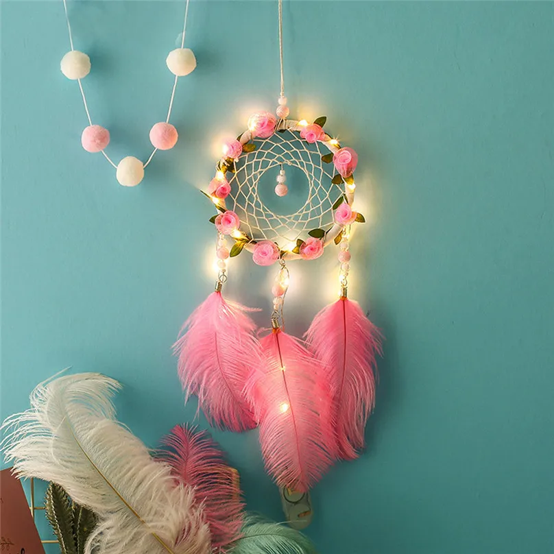 1Pcs Dream Catcher Feather Girl Style Handmade Dreamcatcher with String Light Innovative Bedside Wall Hanging Decor #3d11 (1)