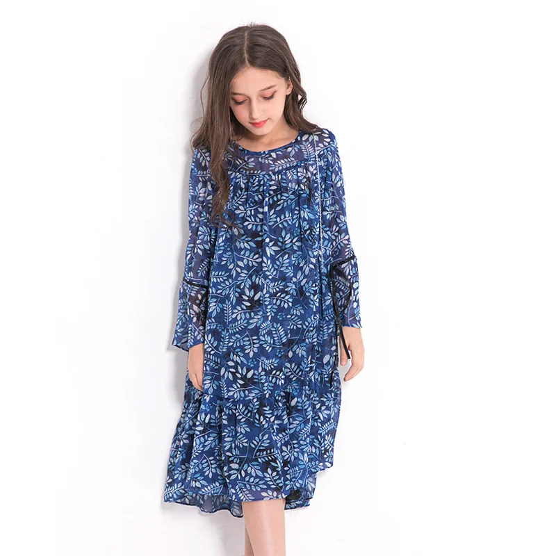 Long Sleeve Girls Dress Princess Floral Print Blue Dress for Teenage ...