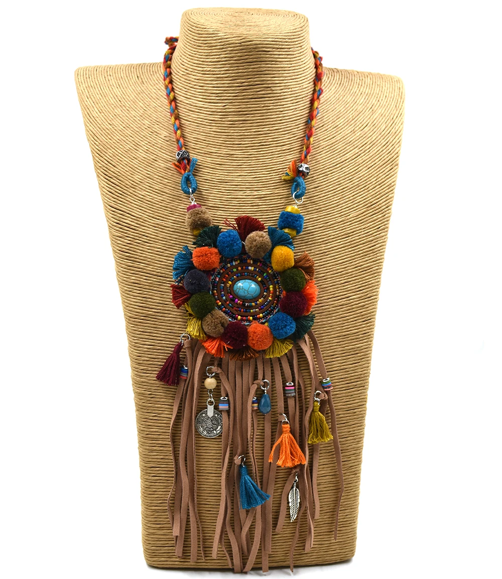 Statement brown jewelry Extravagant gypsy necklace Real leather and feathers jewelry Extra long feathered necklace Multistrand necklace