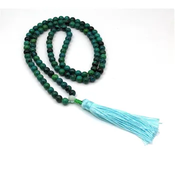

6mm Natural Blue Chrysocolla Beads 108 Prayer Mala Necklace or Bracelet Buddhist Tassel Mala Yoga Meditation Jewelry for Women
