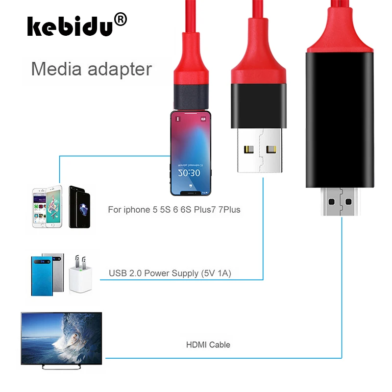 

Kebidu 8 Pin to HDMI for Apple TV for iPhone Ios 8.0 + USB to HDMI Adapter Cable 1.8m Red for HDTV TV Digital AV Wholesale