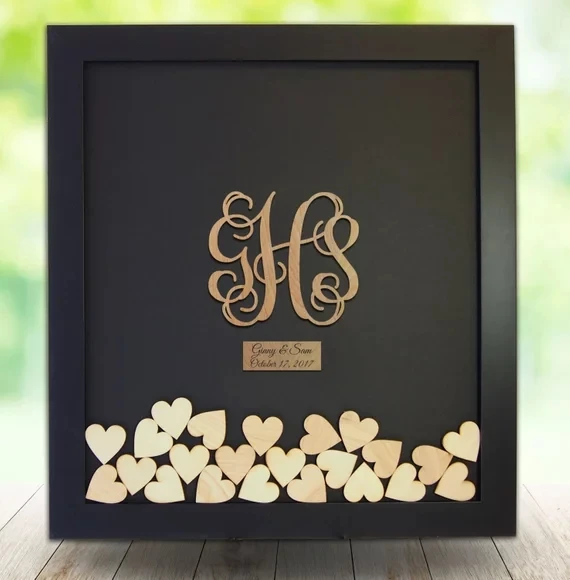 

personalize monogram Wooden Wedding Guest Book Alternative Guestbook Drop Top box wedding Guest Book hearts signature