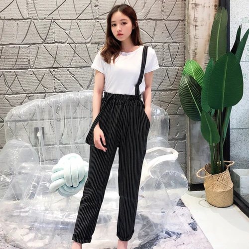 Streetwear Summer Pants Women 2019 Korean Style Casual Black Striped Elastic Waist Suspender Trousers Gray Plaid Overalls B308 Streetwear Summer Pants Women 2019 Korean Style Casual Black Striped Elastic Waist Suspender Trousers Gray Plaid Overalls B308