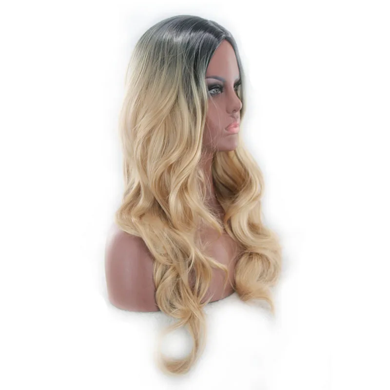 Middle Part Two Tone Black Blonde Ombre Wig Cosplay Synthetic Natural Hair Long Wavy Wigs For Women High Temperature Fiber