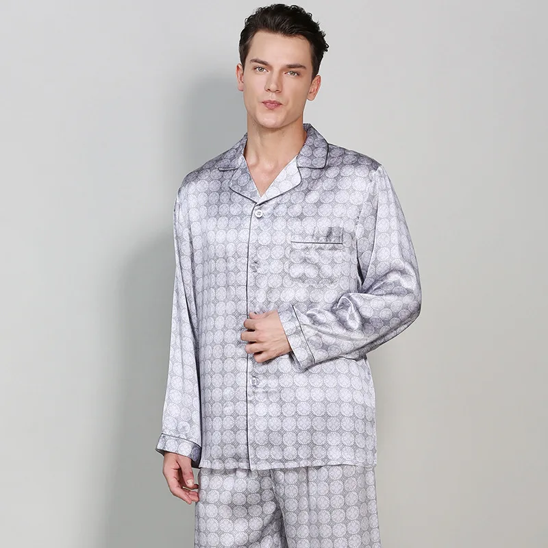 2020 New Man's Autumn Winter Two-Piece Genuine Silk Pajama Sets Spring Summer Long-Sleeve Long Pants Silk Sleepwear Male T9016