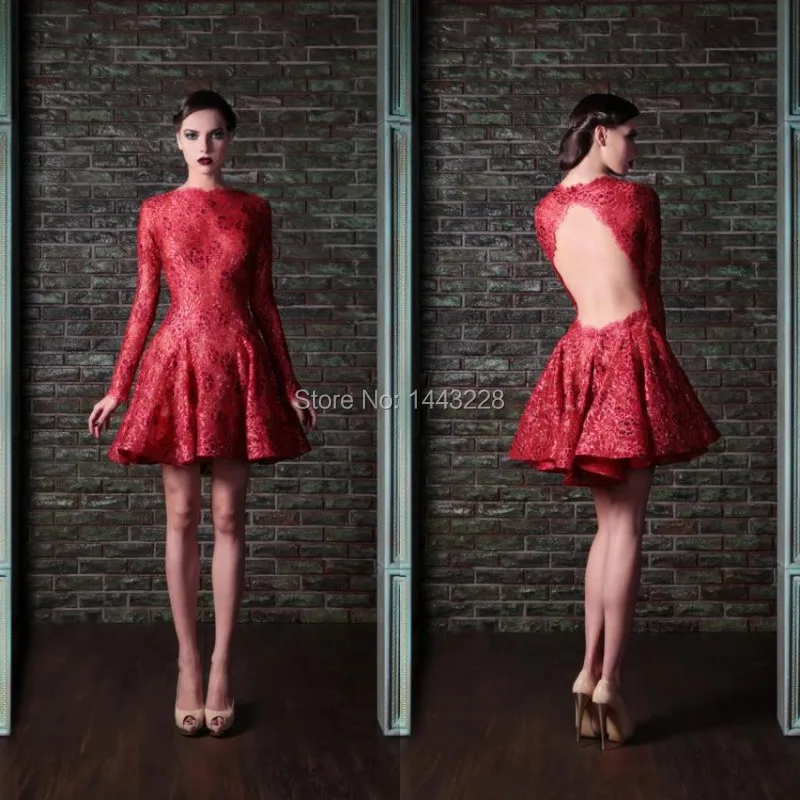 Long Sleeve Red Lace Prom font b Dress b font Open Back Short font b Cocktail