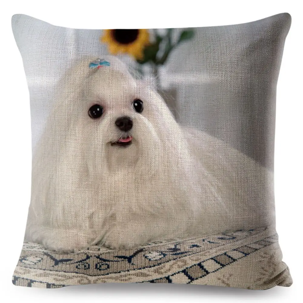 Cute Animal Pet Maltese Dog Pillow Cover Linen Cushion Covers 45*45cm Square Pillow Case Sofa Car Home Decoration Pillowcase