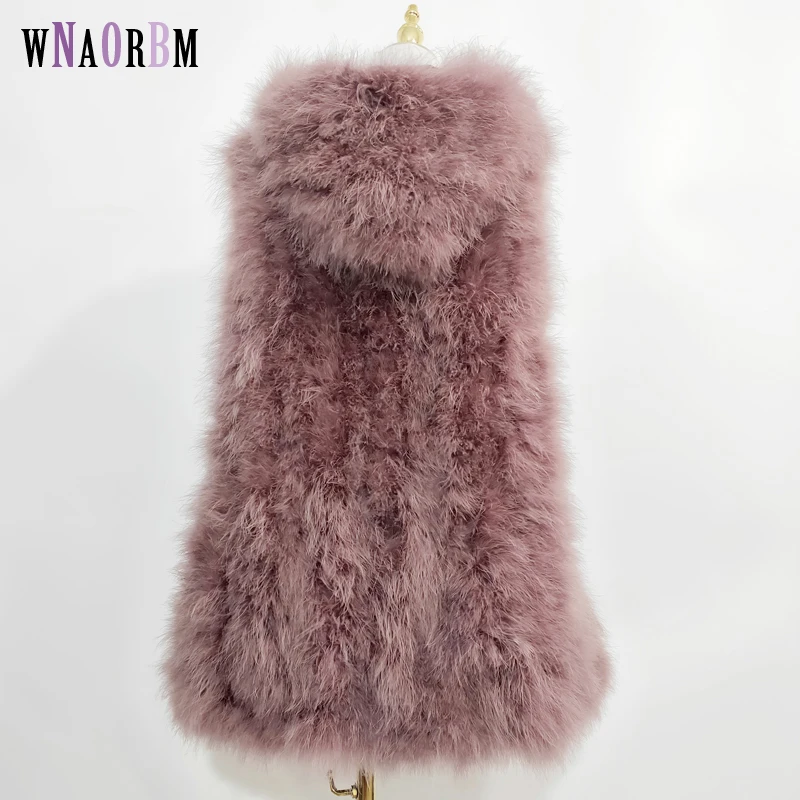 

New ostrich hair vest 70 cm long plus hat small fresh 100% turkey feather vest real fur coat Encrypted hand weaving