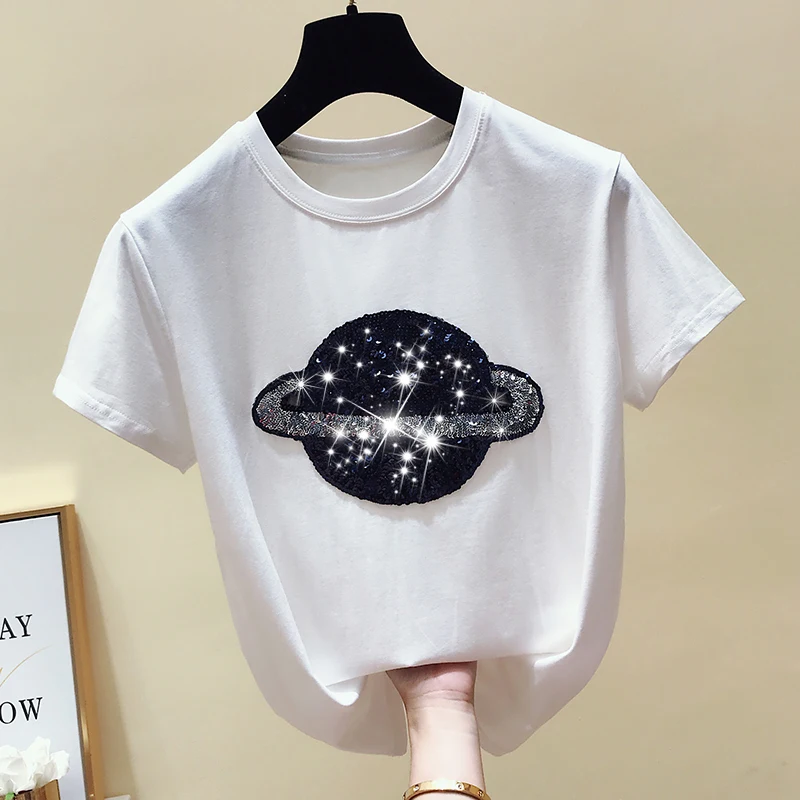  gkfnmt Cotton White Tshirt Women Tops Sequin Fashion Short Sleeve Vintage Female T-shirt Casual Bla