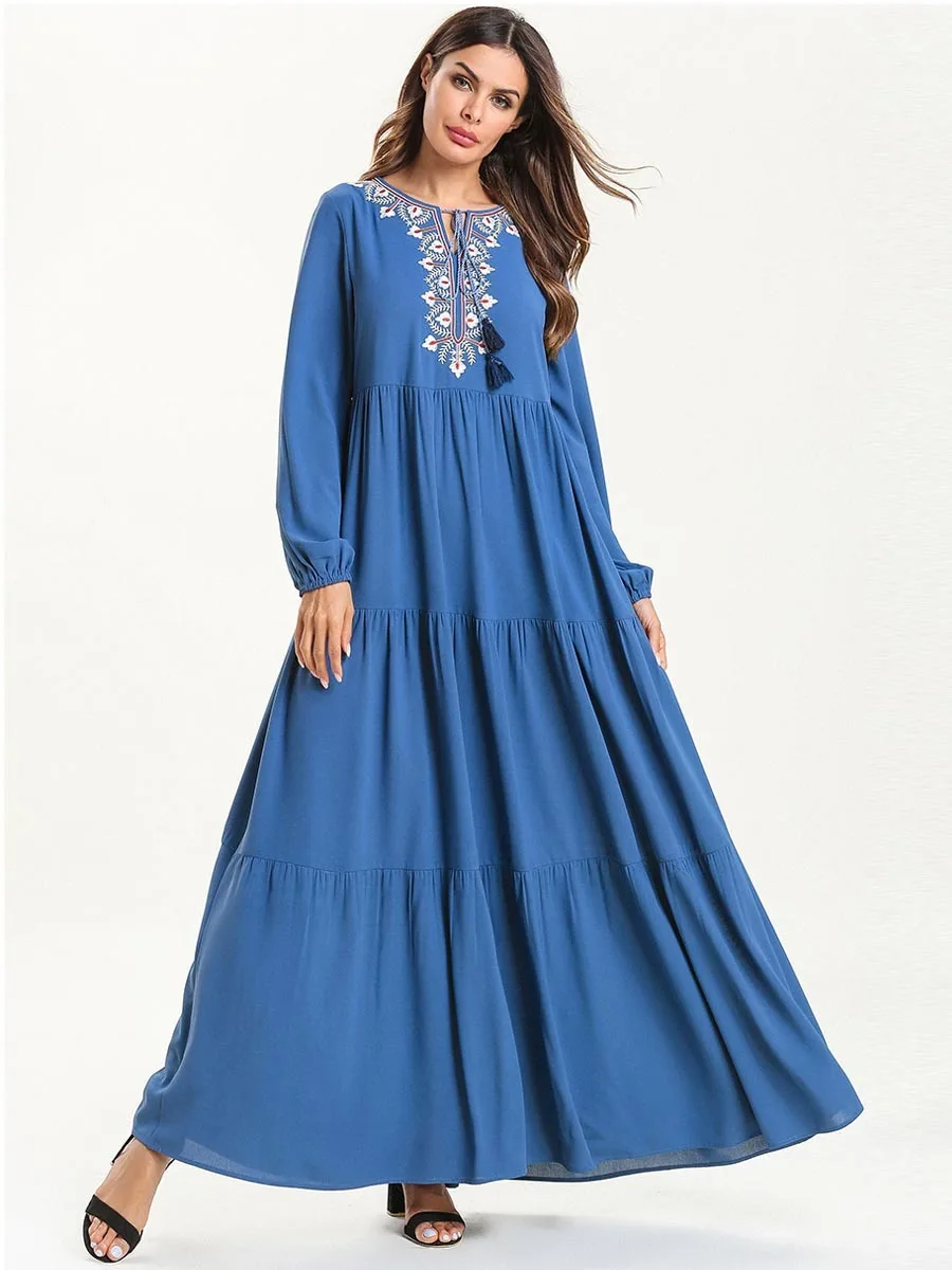 Длинное вышитое мусульманское платье в пол abaya женское Ближний Восток Дубай модное Макси-Платье рубашка Исламская одежда Новинка