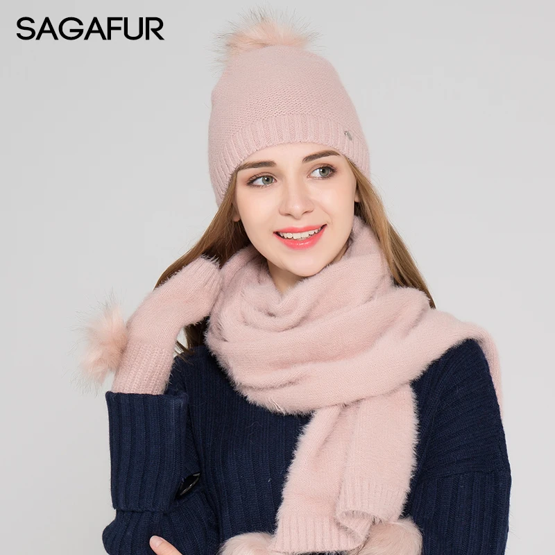 

Warm Scarf Hat Glove Sets Women's Hat Winter Fur Pompom Beanies For Girls Elegant Skullies Solid Bonnet Soft Wool Blends Sets