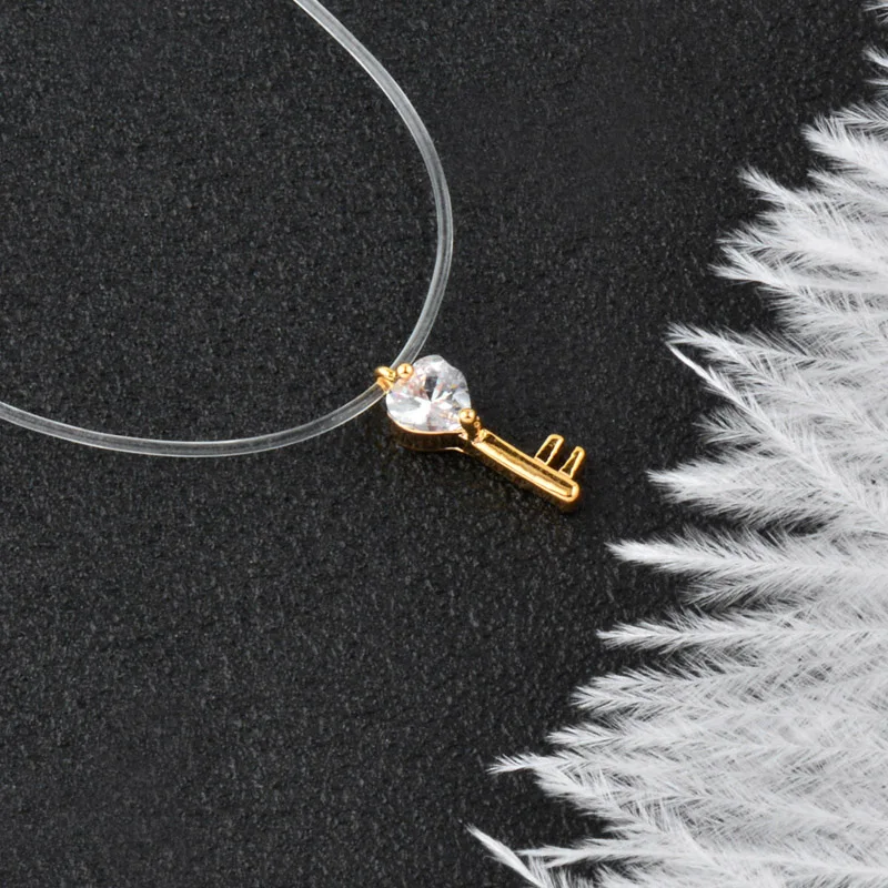 SINLEERY сверкающий Циркон круглое сердце Corss подвеска прозрачная леска колье ожерелье невидимая цепь XL067 SSH - Окраска металла: K gold key