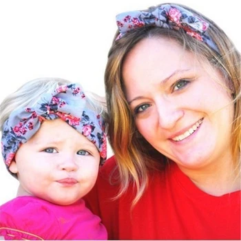

2Pc/Set Mom Rabbit Ears Hair Ornaments Tie Bow Headband Hair Hoop Stretch Knot Bow Cotton mother and daughter Headbands Hair