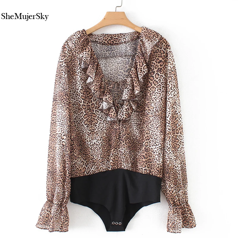 SheMujerSky Leopard Bodysuit Women Sexy V neck Ruffles Jumpsuits bodys