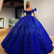 Длинное Пышное арабское вечернее платье, бальное платье, блестящее, с рукавом-крылышком, милое, с поясом из бисера, Королевский синий цвет, женское торжественное платье