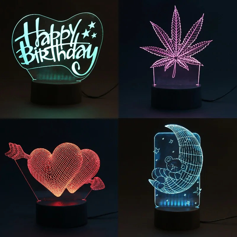 

Creative 3D Lamp Visual Leaves/Bear/Heart/Birthday Light 7 Colors Changes Child Kids Room Decoration Desk Lamp Chistmas Gift