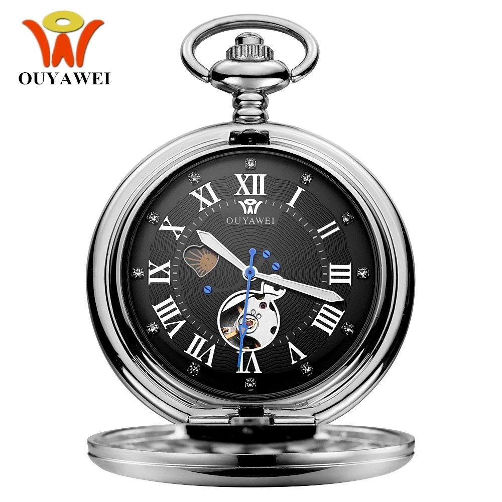 Luxury Brand OUYAWEI Mechanical Pocket Watch Men Full Steel Case Pocket Fob Watch Analog Silver Black Dial Vintage Male Clock Luxury Brand OUYAWEI Mechanical Pocket Watch Men Full Steel Case Pocket Fob Watch Analog Silver Black Dial Vintage Male Clock