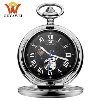 

Luxury Brand OUYAWEI Mechanical Pocket Watch Men Full Steel Case Pocket Fob Watch Analog Silver Black Dial Vintage Male Clock