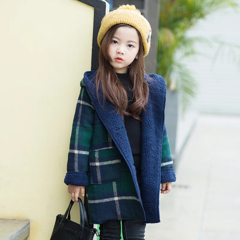 

Outerwear Girls Fleece Jackets Winter Plaid Hooded Kids Jackets Red and Green Color Girls Jacket Children Long Coats Kids 3-12Y