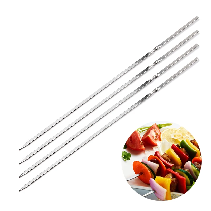 6pcs 17.7in 45cm Stainless steel Flat BBQ Sticks Shish Kebab Skewers Needle Portable Barbecue Grill Tool Picnic BBQ Accessories