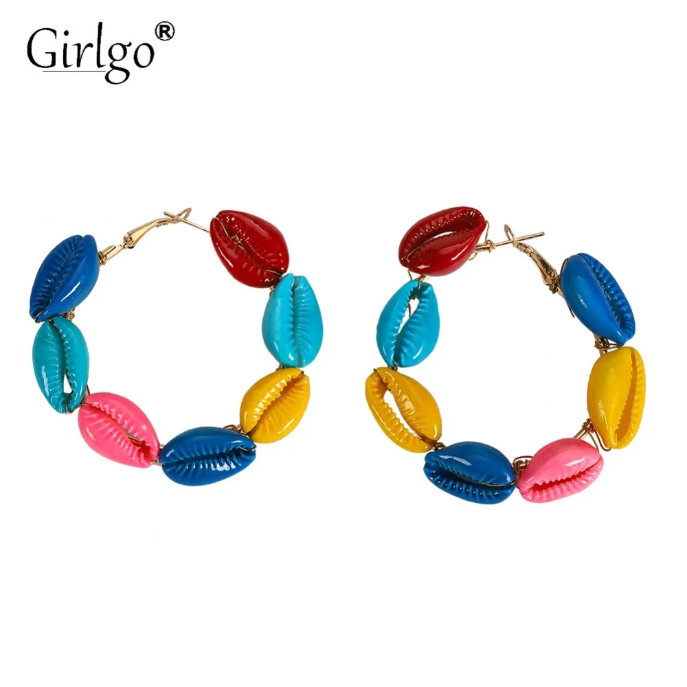 

Girlgo Summer Accessories Vintage Big Round Seashell Colorful Stud Earrings for Women Ethnic Metal Wedding Party Gift Wholesale