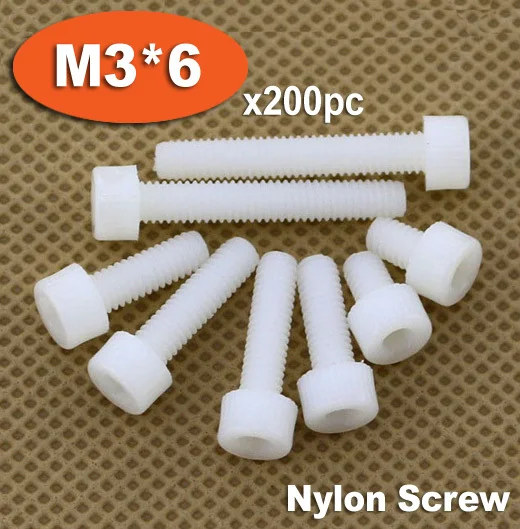 200pc DIN912 M3 x 6 White Plastic Nylon Screw Hexagon Hex Socket Head