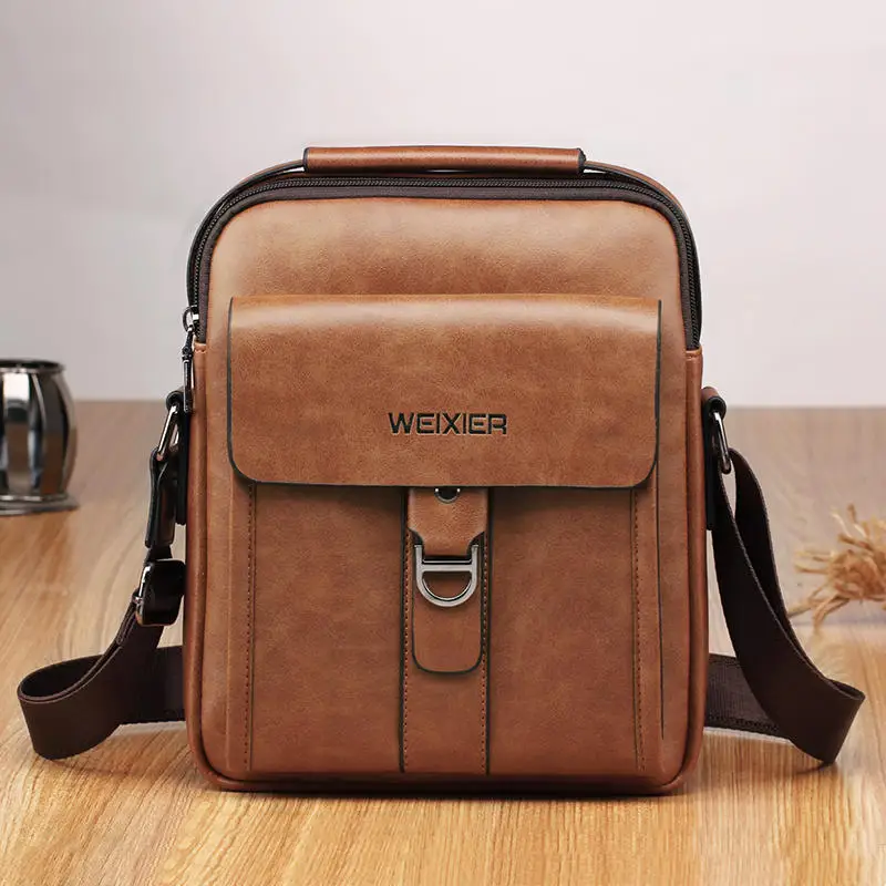 WEIXIER Messenger Bags PU Leather Men Designer High Quality New Fashion Shoulder Bag Casual Zipper Office Messenger Bags - Цвет: Red Brown