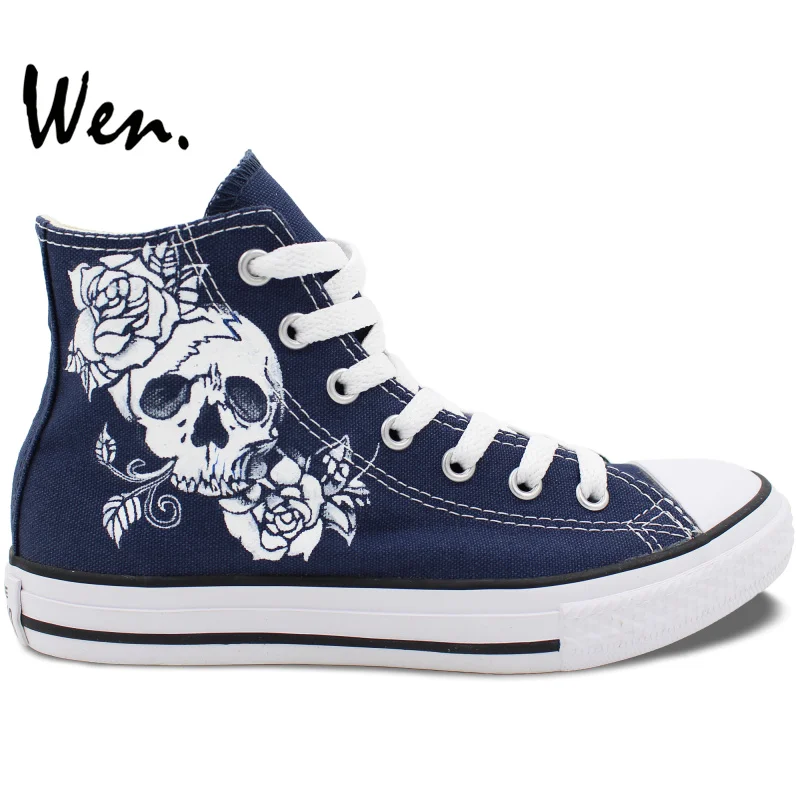 

Wen Unisex Hand Painted Casual Shoes Custom Design Skull Roses Blue High Top Canvas Shoes Birthday Gifts