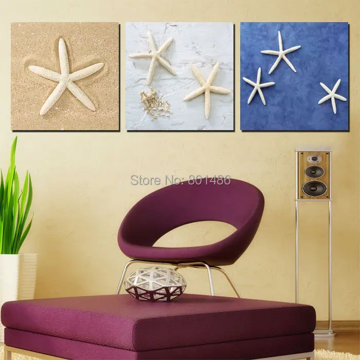 

3 pieces realistic Starfish and Seashells on the Beach picture modern painting print on canvas Wall art for living room
