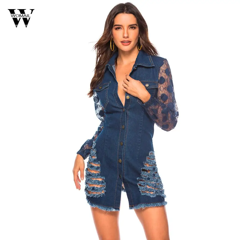 

Womail Women Spring Summer Sexy Denim Lace Patchwork Long Sleeve Mini Dress Dress Women Party Long Sleeve Feb 28