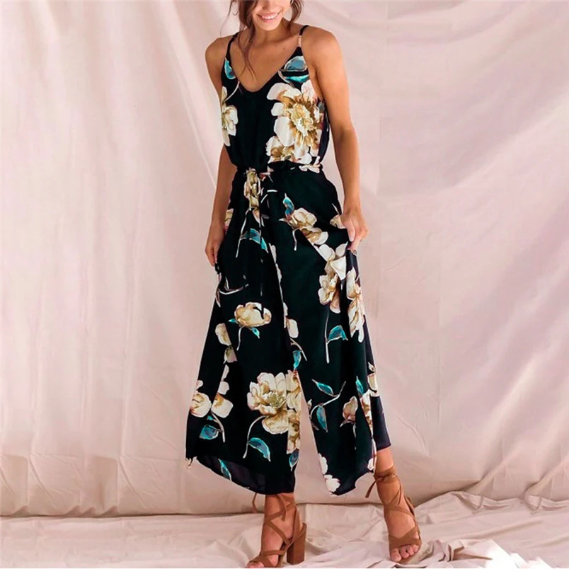 Womens Summer Jumpsuit Lady Boho Strappy Floral Sleeveless Sling Long Trouser Playsuits Jumpsuit Rompers Holiday Clubwear #J25 (5)