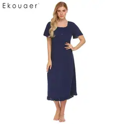 Ekouaer лето рубашки Для женщин пижамы О-образным вырезом короткий рукав Цветочный принт ночная рубашка свободные сна платье повседневная